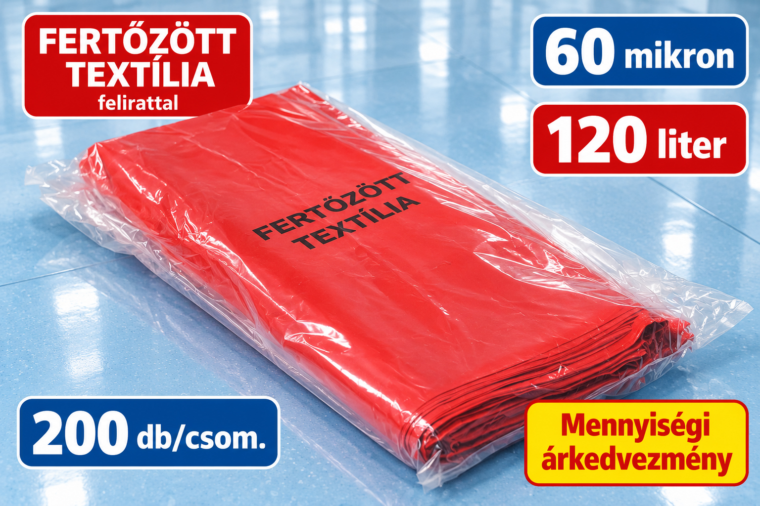 Fertőzött textília feliratú piros zsák - Kis méret, 120l (181 ft/db)