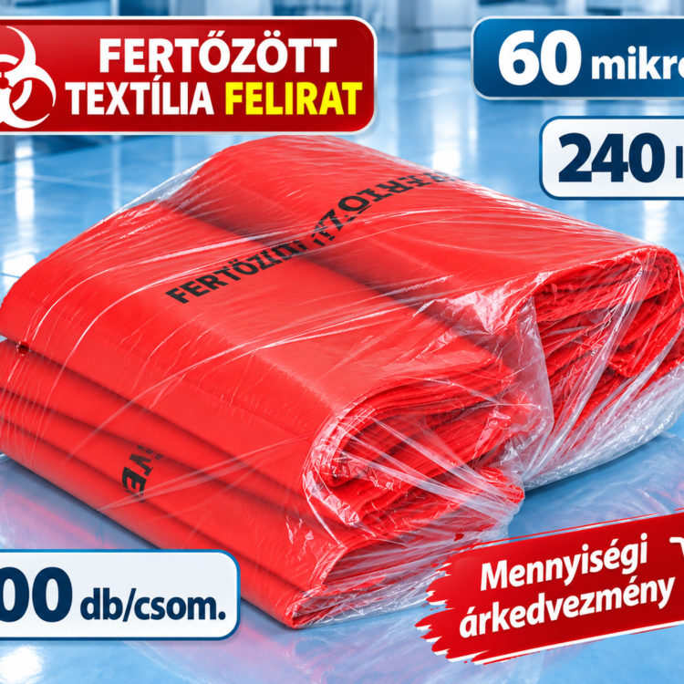 Fertőzött textília feliratú piros zsák - Nagy méret, 240l (260 ft/db)
