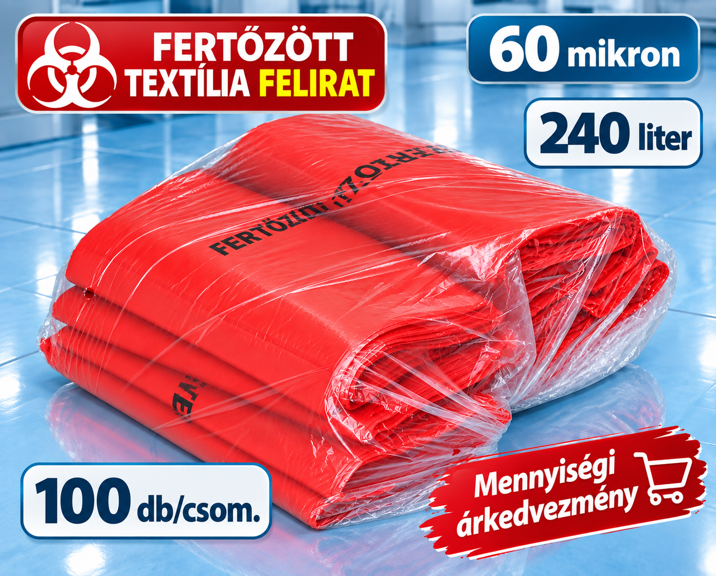 Fertőzött textília feliratú piros zsák - Nagy méret, 240l (260 ft/db)