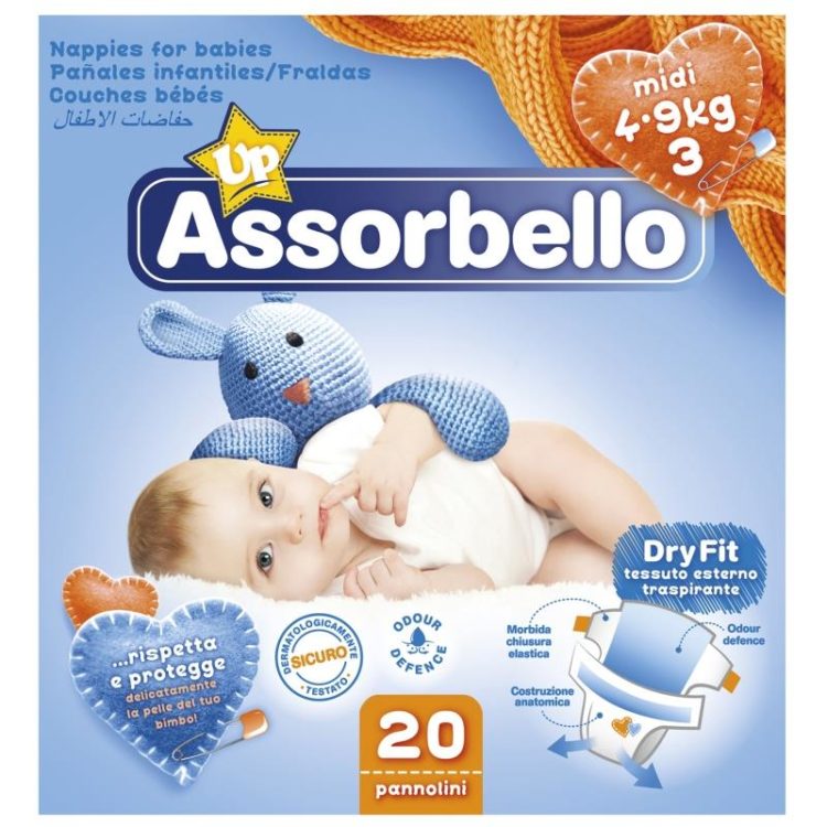 Assorbello gyermek pelenka, midi, 4-9 kg, 20 db/csomag