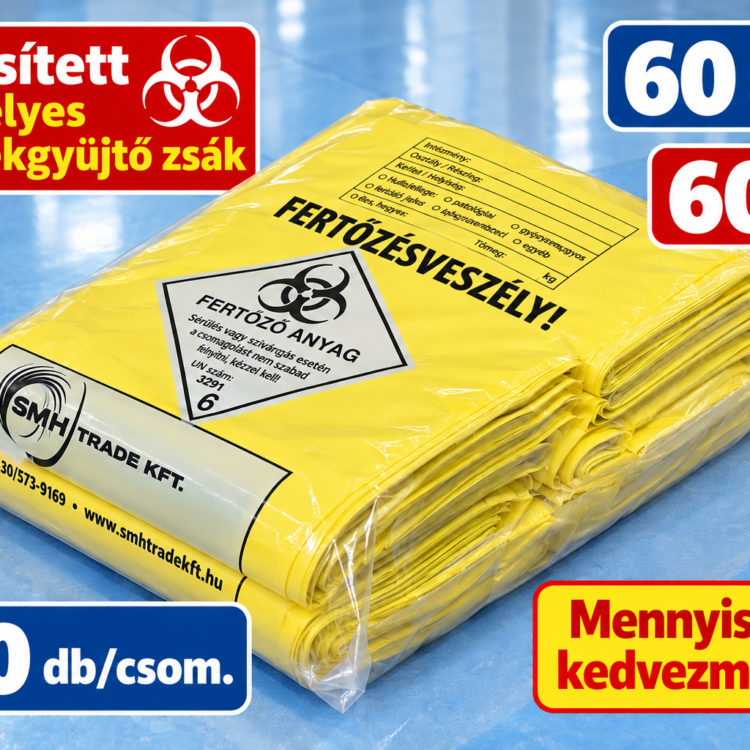 Minősített (OTH, ADR) veszélyes hulladékgyűjtő zsák - Sárga, 60l-es, 200 db/csom. (120 ft/db)