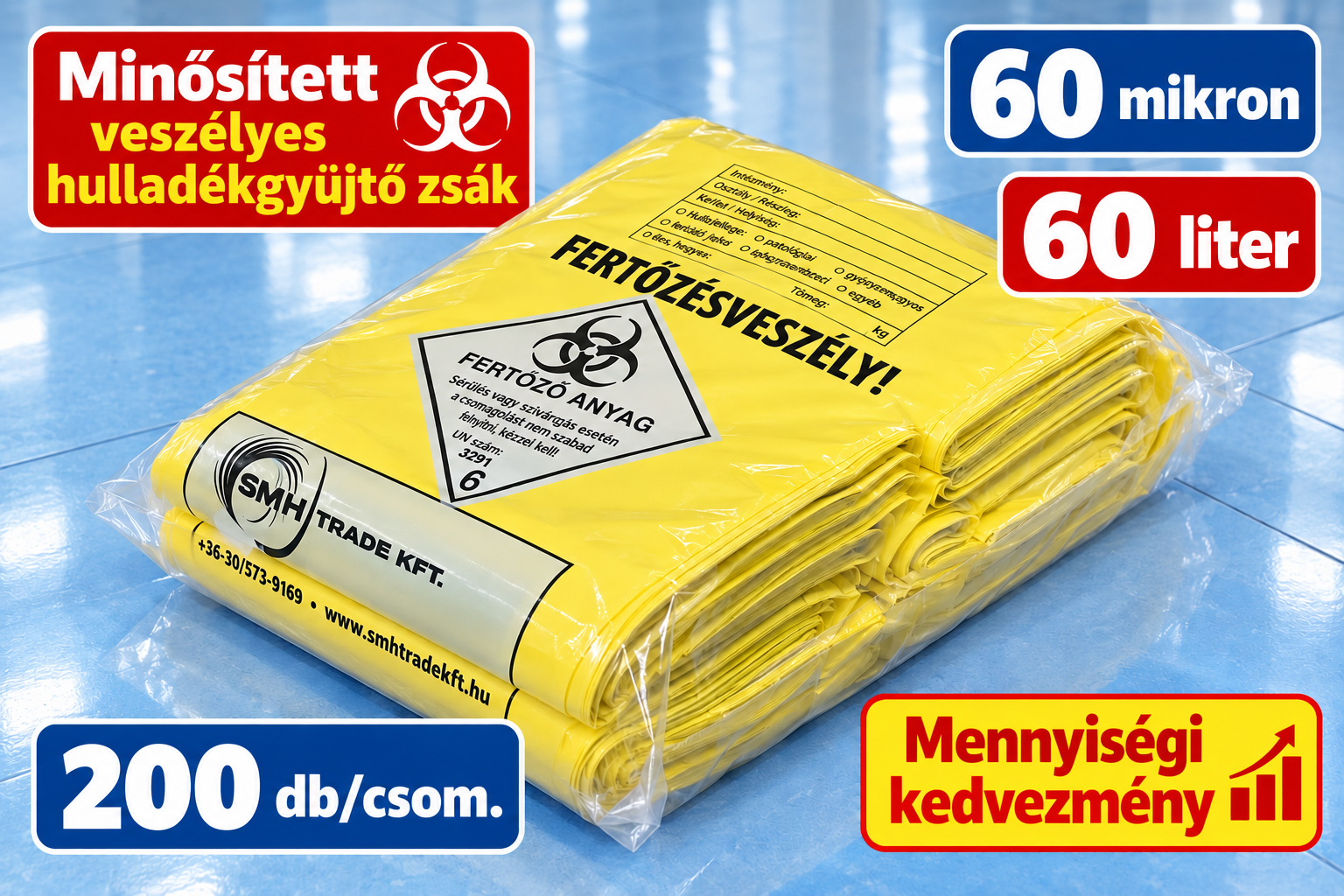 Minősített (OTH, ADR) veszélyes hulladékgyűjtő zsák - Sárga, 60l-es, 200 db/csom. (120 ft/db)