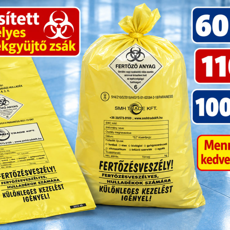 Minősített (OTH, ADR) veszélyes hulladékgyűjtő zsák - Sárga, 110l-es, 100 db/csom. (190 ft/db)