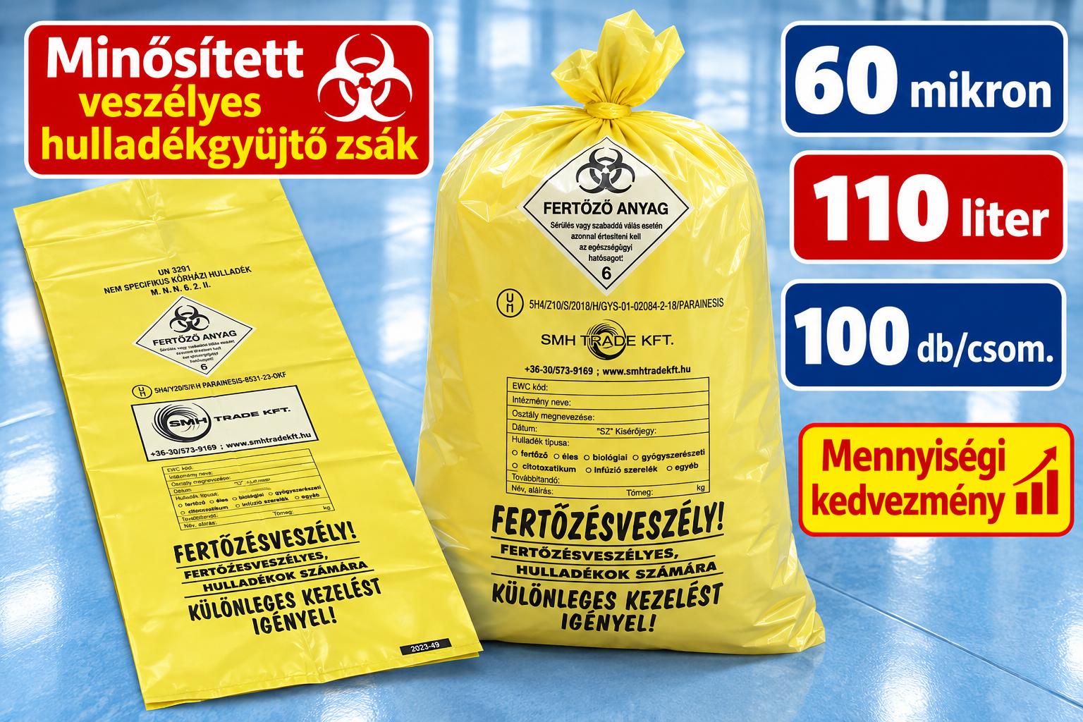 Minősített (OTH, ADR) veszélyes hulladékgyűjtő zsák - Sárga, 110l-es, 100 db/csom. (190 ft/db)