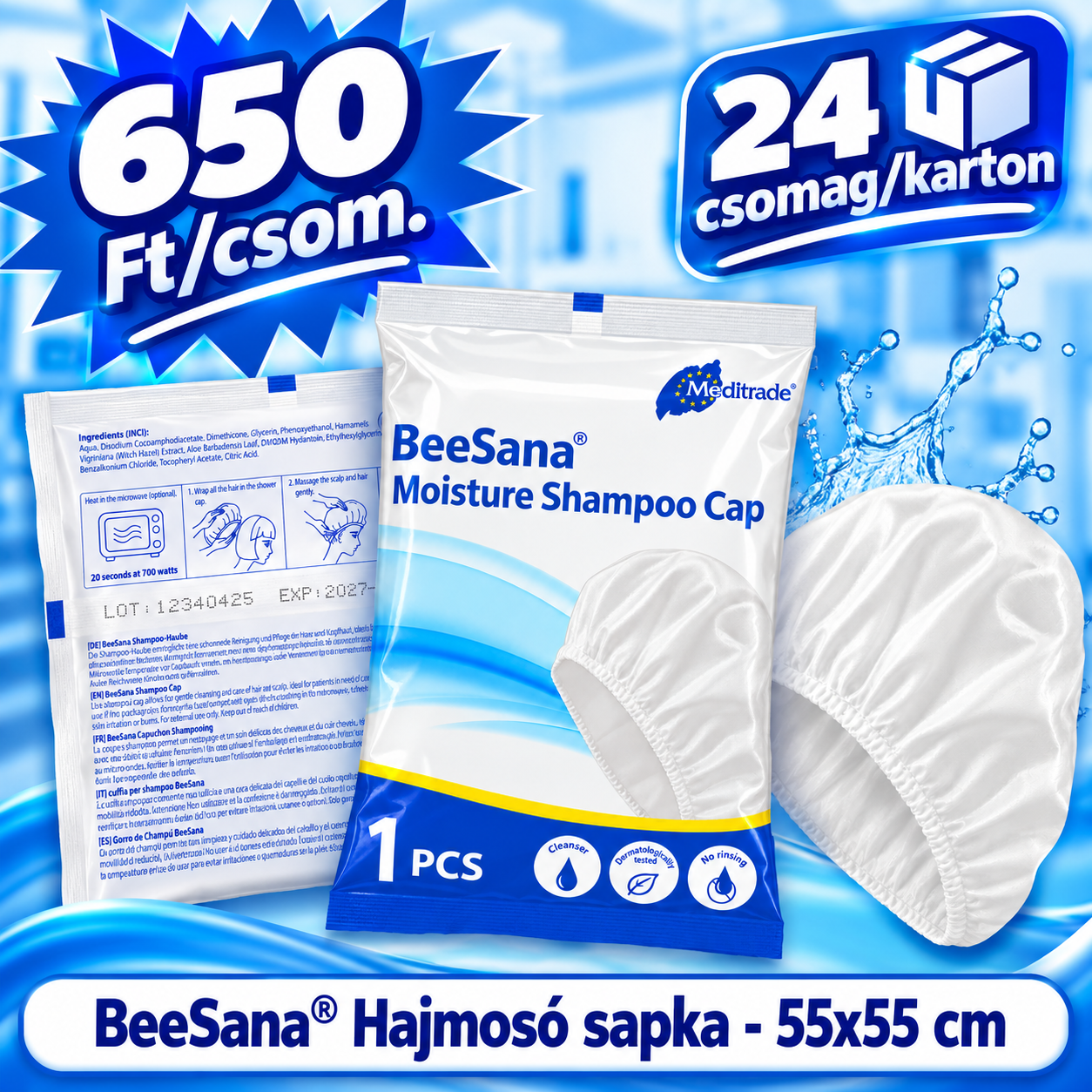 BeeSana® hajmosó sapka - 55x55 cm - 24 csomag/karton
