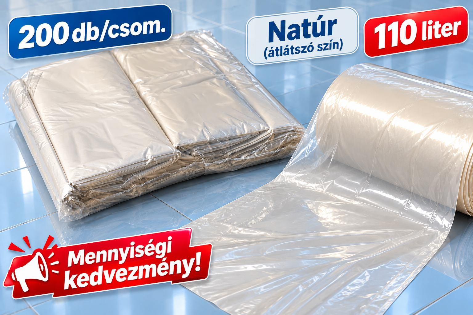 Natúr/átlátszó hulladékgyűjtő zsák – 110l-es, 200 db/csom. (80 ft/db)