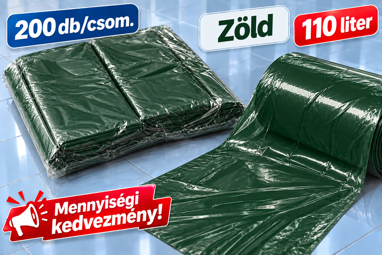 Zöld hulladékgyűjtő zsák – 110l-es, 200 db/csom. (75 ft/db)