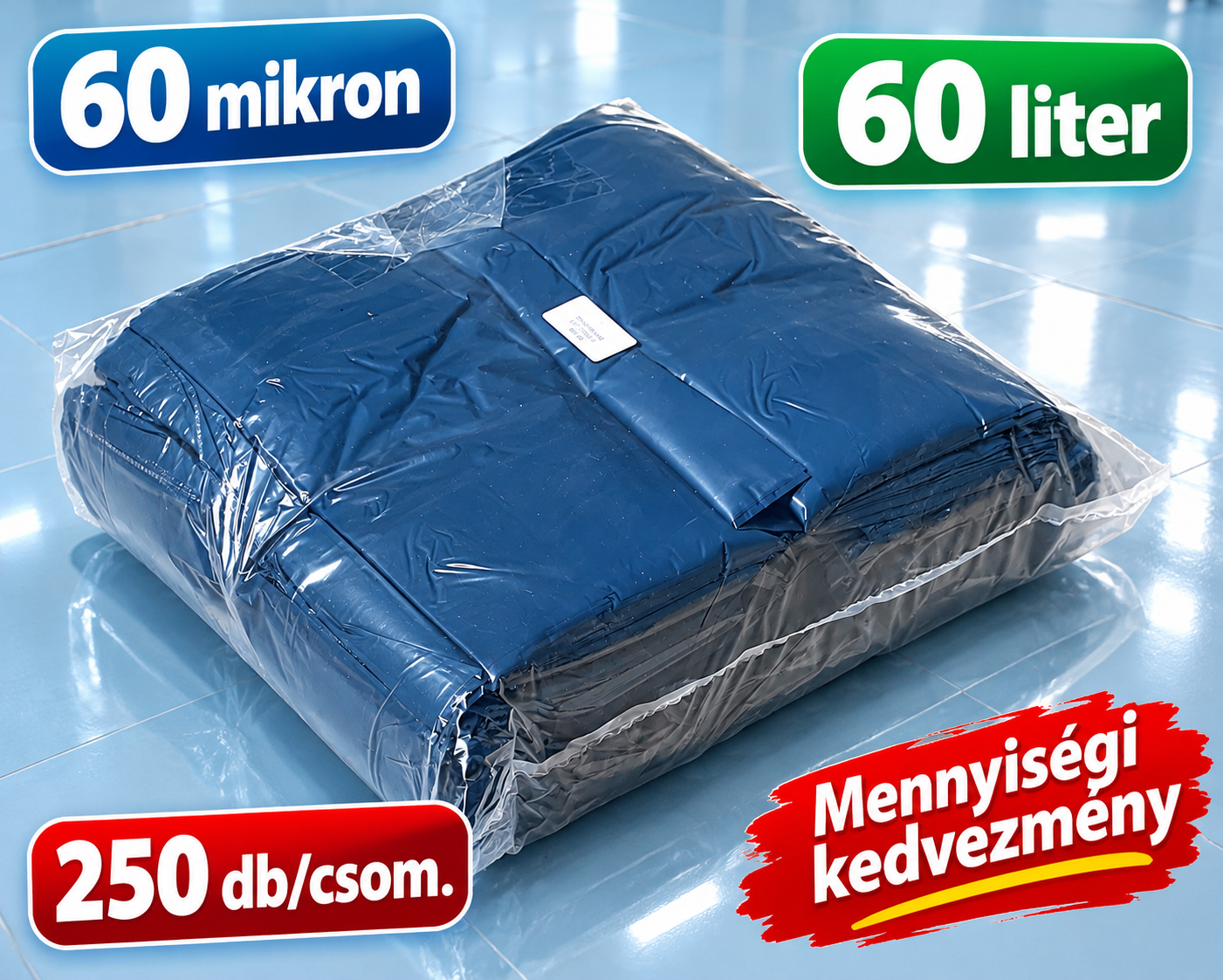 Kék hulladékgyűjtő zsák, kicsi – 60l-es, 250 db/csom. (22 ft/db)